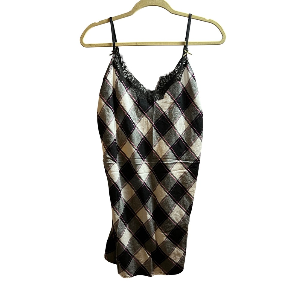 Victorias Secret Plaid Lace Trim‎ Nightgown Chemise Black White Pink Large